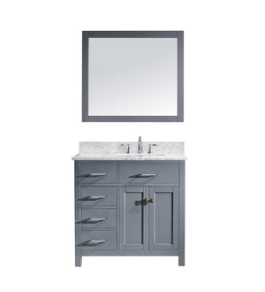 Virtu USA Caroline Parkway 36" Single Bath Vanity with White Marble Top and Square Sink with Polished Chrome Faucet with Matching Mirror
