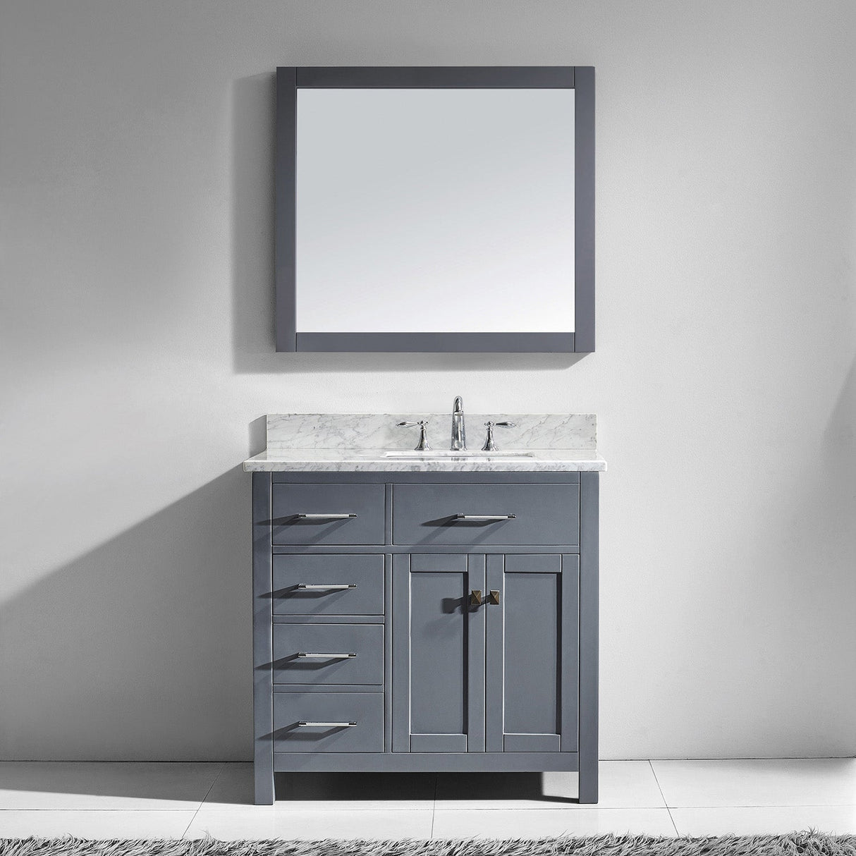 Virtu USA Caroline Parkway 36" Single Bath Vanity with White Marble Top and Square Sink with Matching Mirror