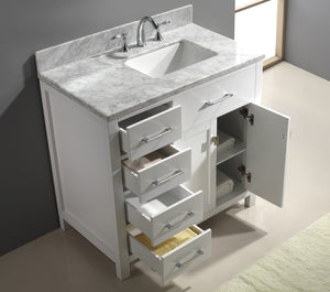 Virtu USA Caroline Parkway 36" Single Bath Vanity with White Marble Top and Square Sink with Brushed Nickel Faucet with Matching Mirror
