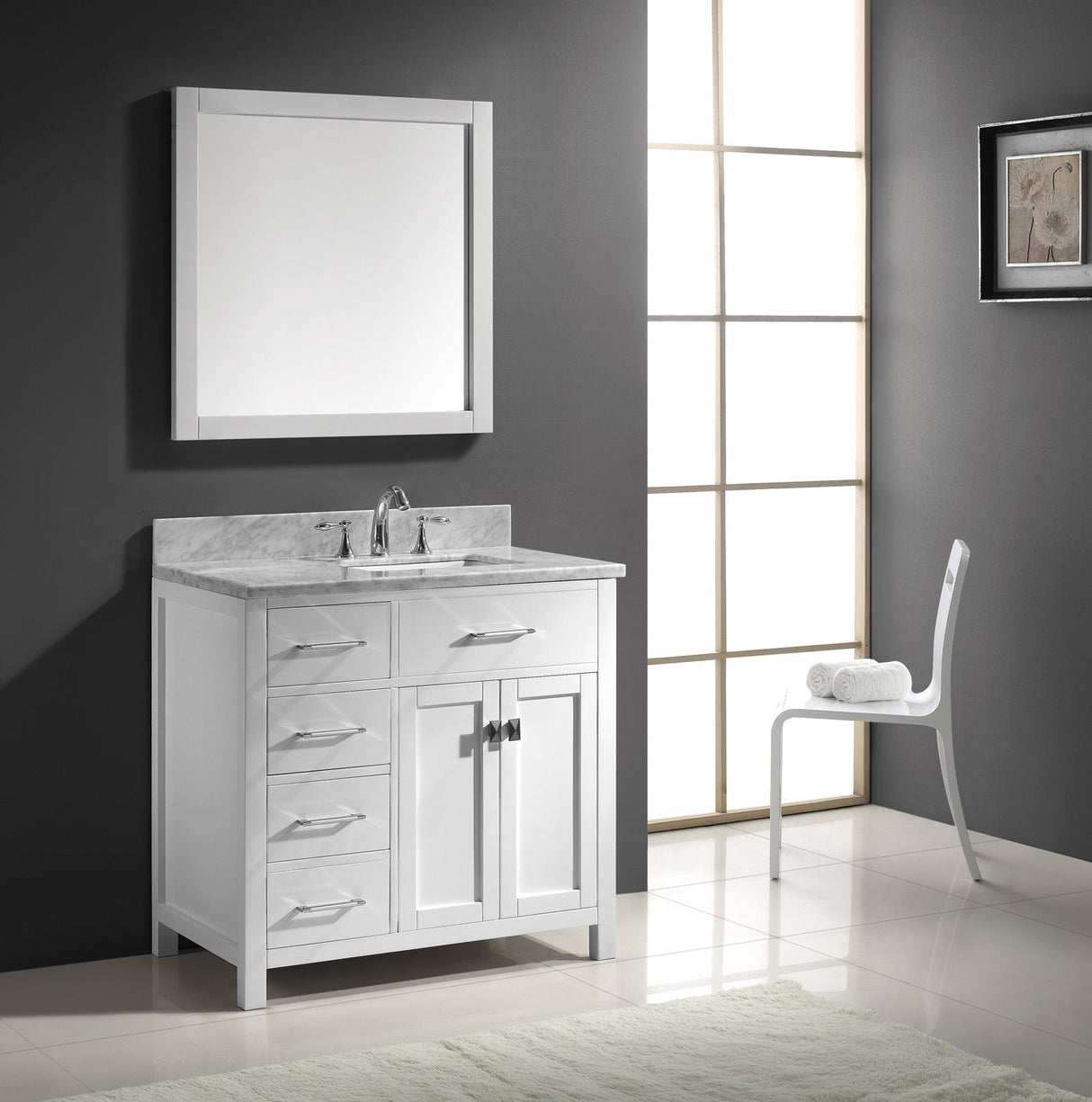 Virtu USA Caroline Parkway 36" Single Bath Vanity with Italian Carrara White Marble Top and Square Sink with Polished Chrome Faucet with Matching Mirror