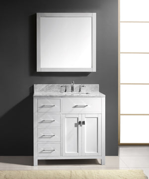 Virtu USA Caroline Parkway 36" Single Bath Vanity with White Marble Top and Square Sink with Matching Mirror