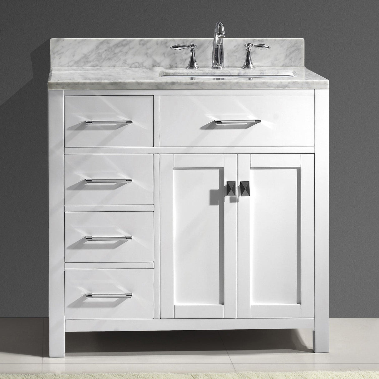 Virtu USA Caroline Parkway 36" Single Bath Vanity in White with White Marble Top and Square Sink