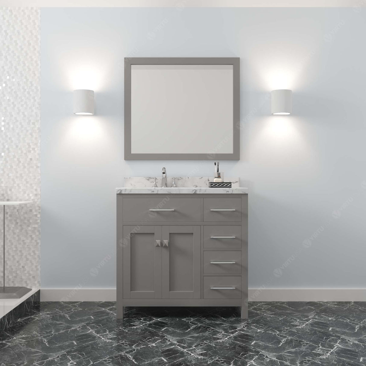 Virtu USA Caroline Parkway 36" Single Bath Vanity with Cultured Marble Quartz Top and Round Sink with Brushed Nickel Faucet with Matching Mirror