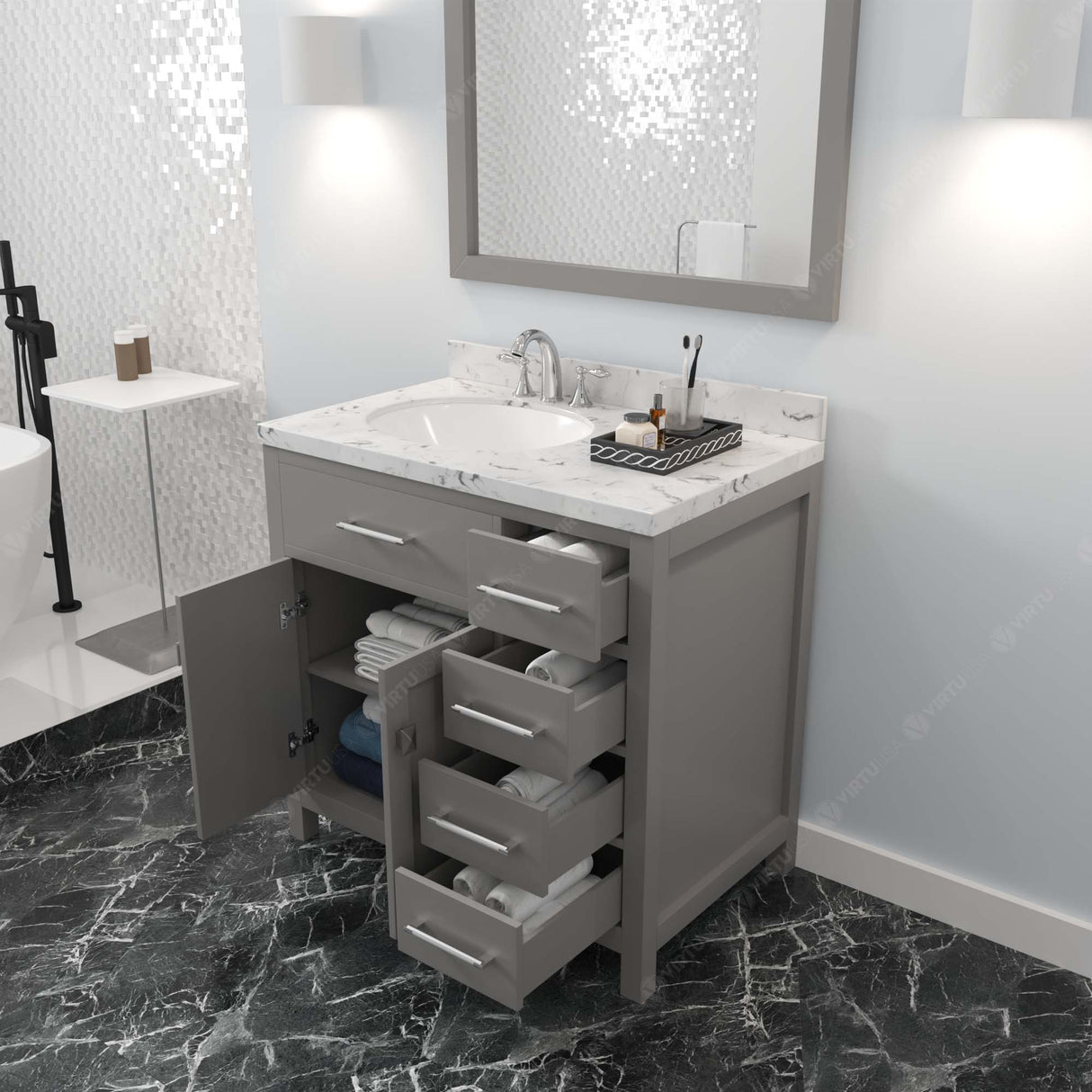 Virtu USA Caroline Parkway 36" Single Bath Vanity with Cultured Marble Quartz Top and Round Sink with Brushed Nickel Faucet with Matching Mirror