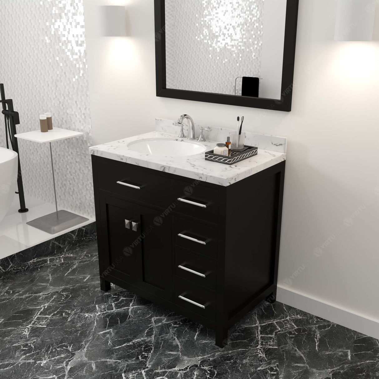 Virtu USA Caroline Parkway 36" Single Bath Vanity with Cultured Marble Quartz Top and Round Sink with Brushed Nickel Faucet with Matching Mirror