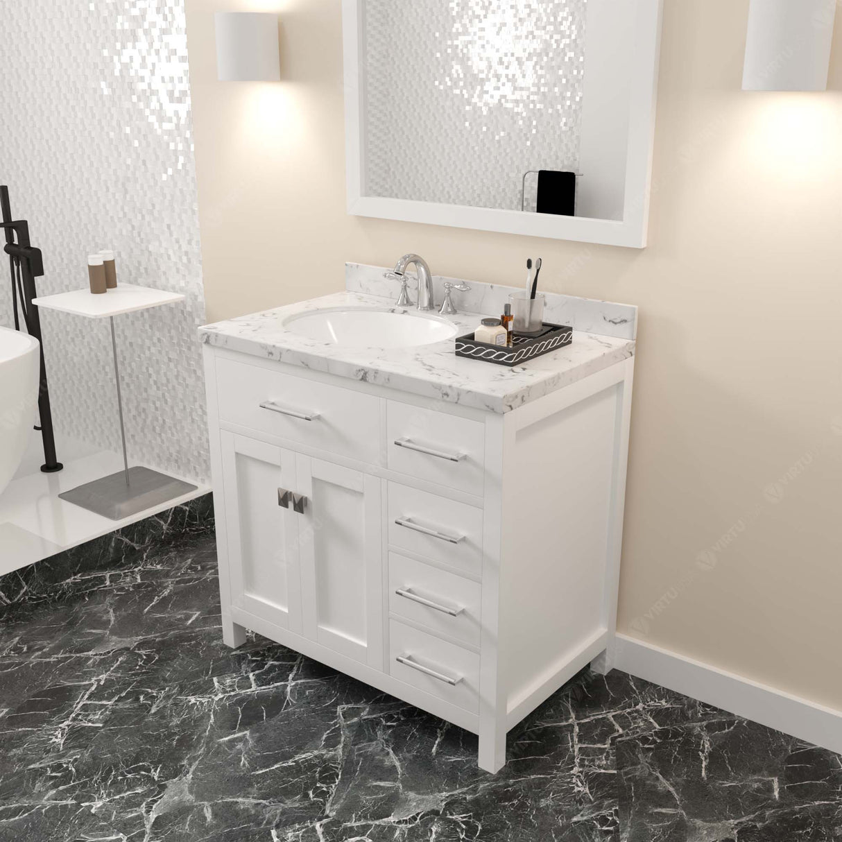 Virtu USA Caroline Parkway 36" Single Bath Vanity with Cultured Marble Quartz Top and Round Sink with Brushed Nickel Faucet with Matching Mirror