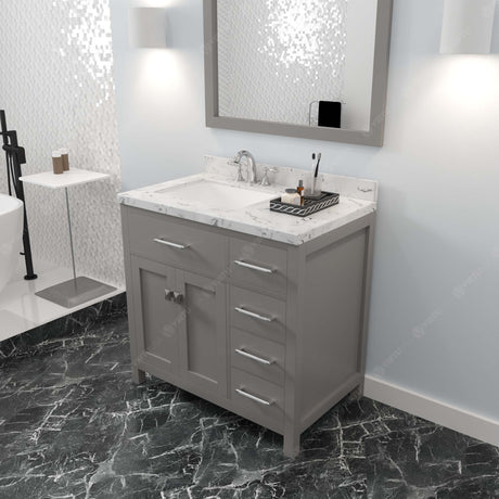 Virtu USA Caroline Parkway 36" Single Bath Vanity with Cultured Marble Quartz Top and Square Sink with Polished Chrome Faucet with Matching Mirror