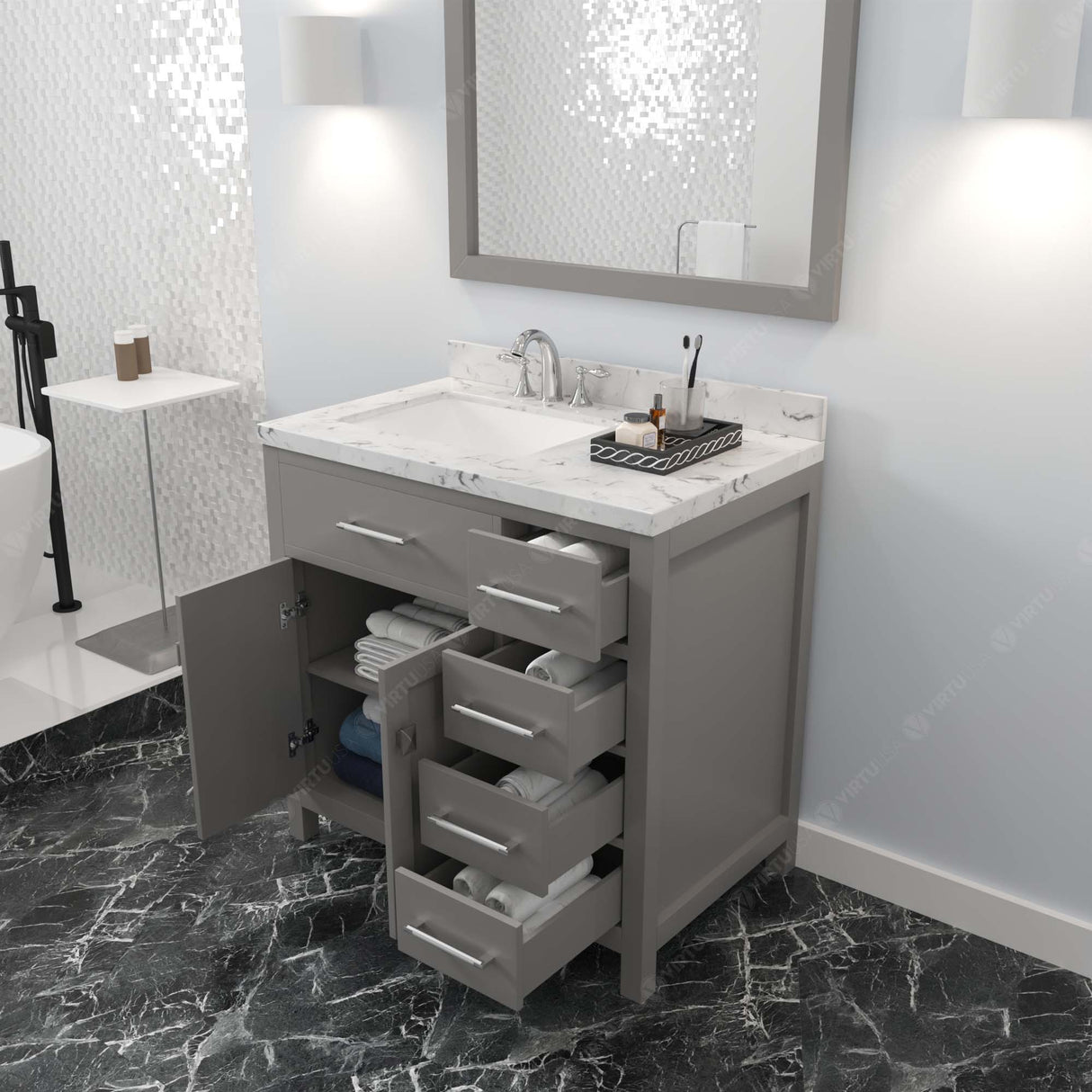 Virtu USA Caroline Parkway 36" Single Bath Vanity with Cultured Marble Quartz Top and Square Sink with Matching Mirror