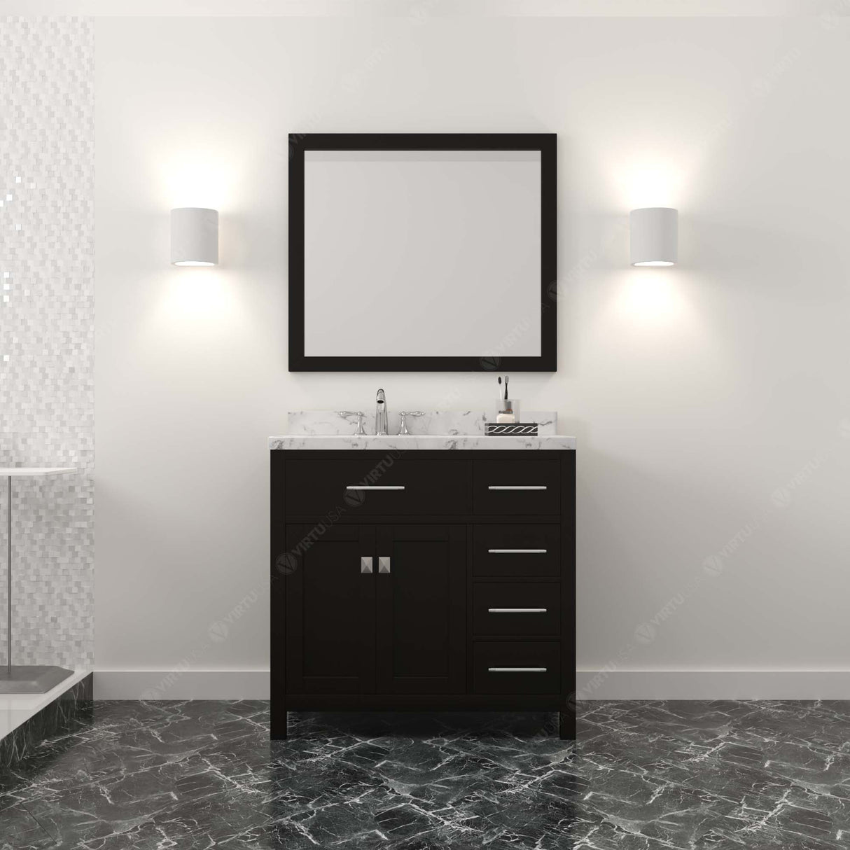 Virtu USA Caroline Parkway 36" Single Bath Vanity with Cultured Marble Quartz Top and Square Sink with Matching Mirror