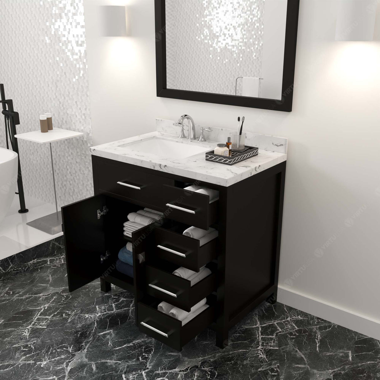 Virtu USA Caroline Parkway 36" Single Bath Vanity with Cultured Marble Quartz Top and Square Sink with Matching Mirror