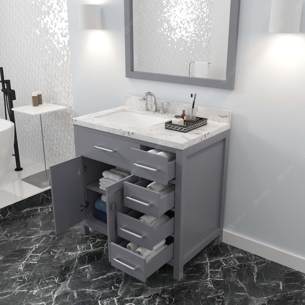 Virtu USA Caroline Parkway 36" Single Bath Vanity with Cultured Marble Quartz Top and Square Sink with Matching Mirror