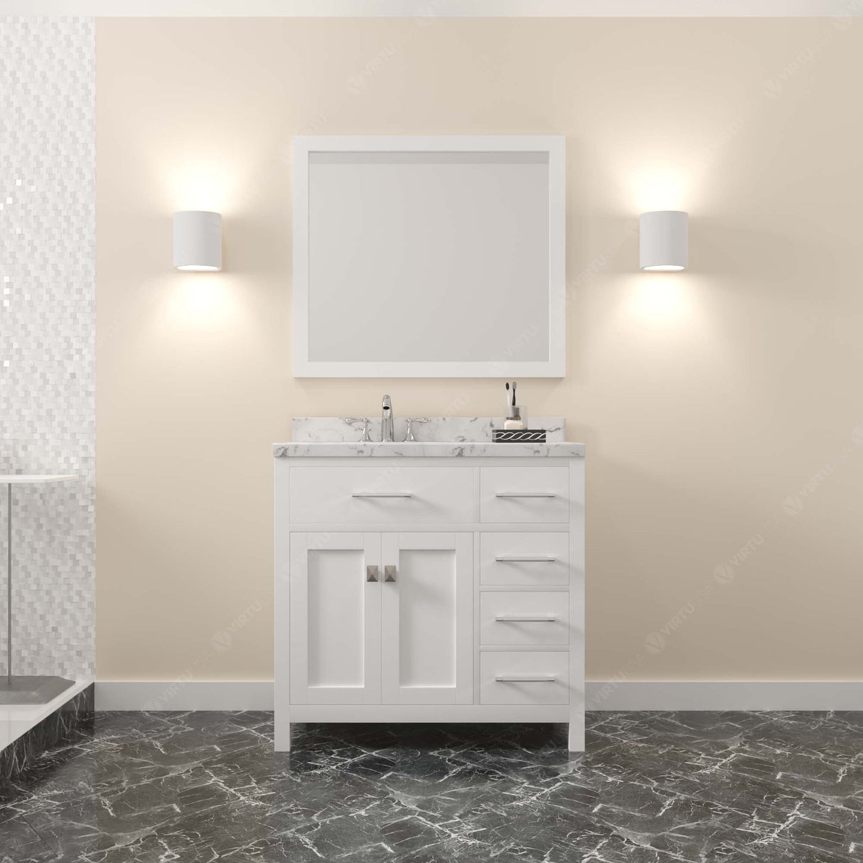 Virtu USA Caroline Parkway 36" Single Bath Vanity with Cultured Marble Quartz Top and Square Sink with Matching Mirror