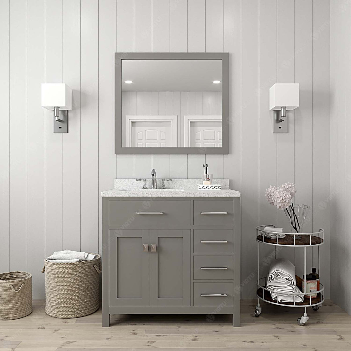 Virtu USA Caroline Parkway 36" Single Bath Vanity with Dazzle White Quartz Top and Round Sink with Matching Mirror