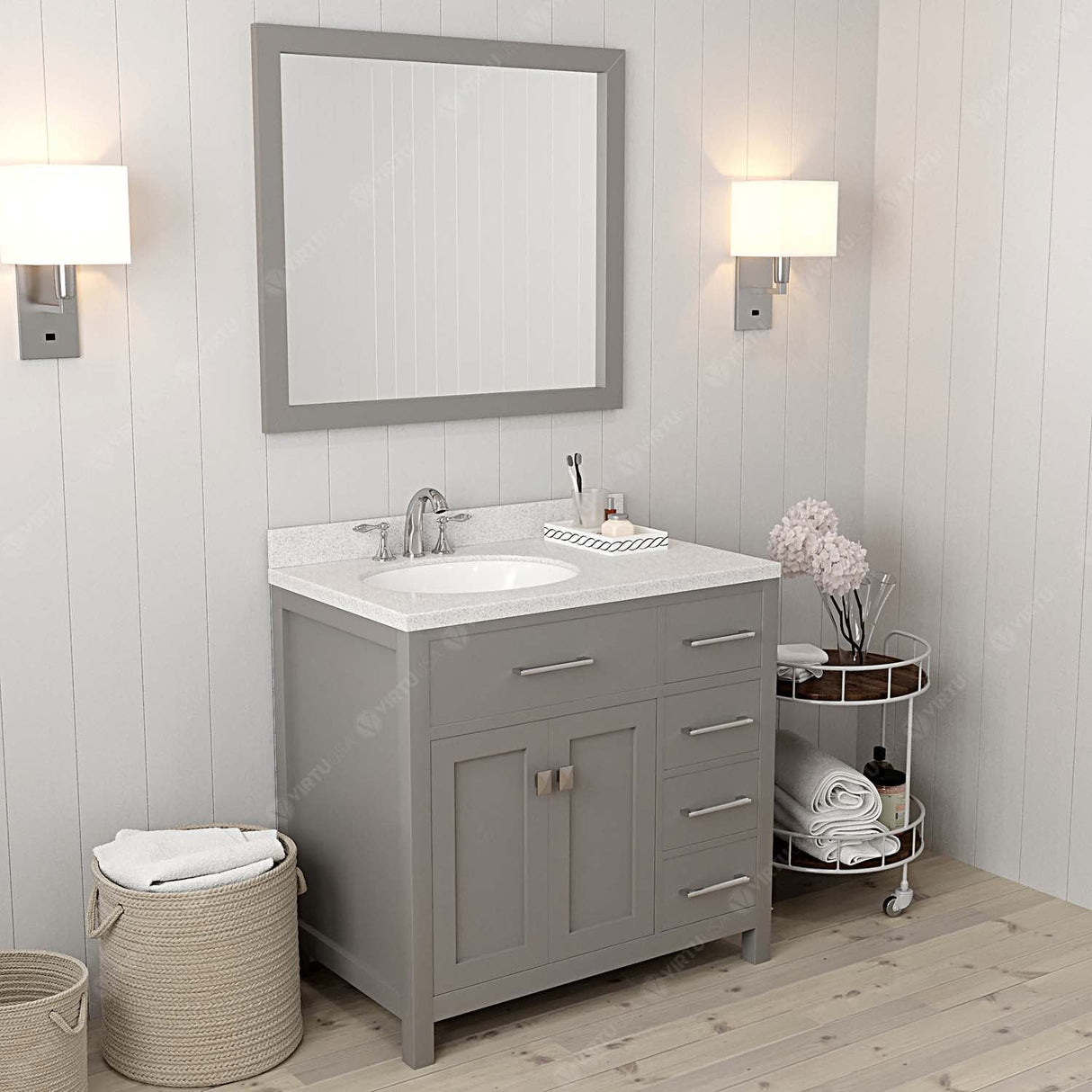 Virtu USA Caroline Parkway 36" Single Bath Vanity with Dazzle White Quartz Top and Round Sink with Matching Mirror