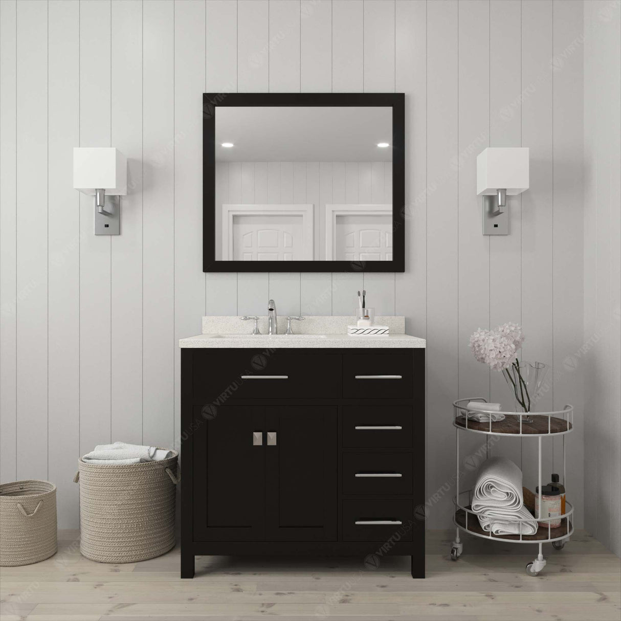 Virtu USA Caroline Parkway 36" Single Bath Vanity with Dazzle White Quartz Top and Round Sink with Matching Mirror