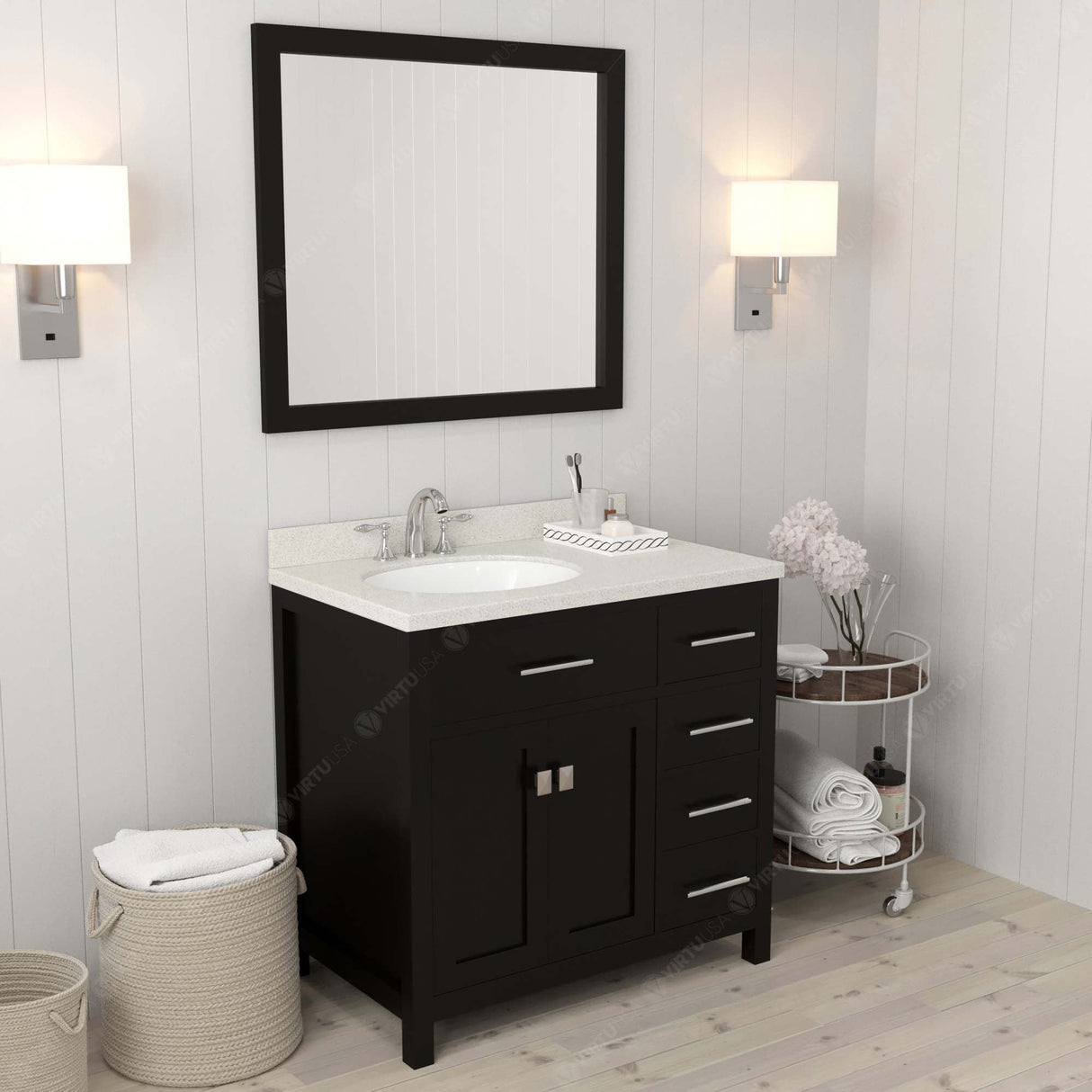 Virtu USA Caroline Parkway 36" Single Bath Vanity with Dazzle White Quartz Top and Round Sink with Matching Mirror