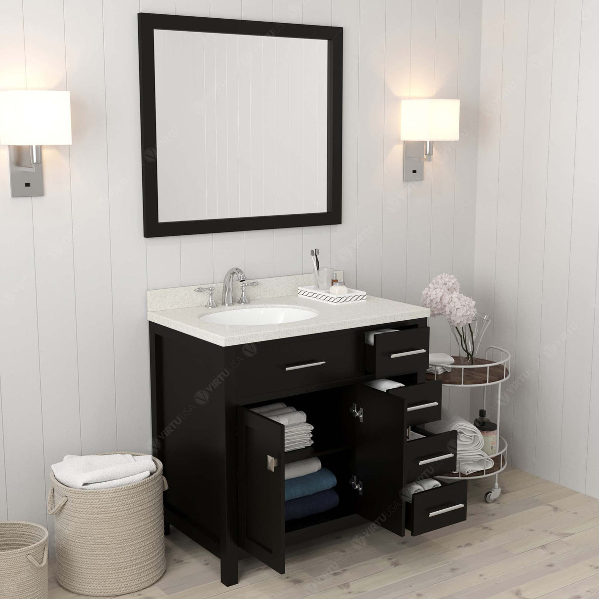 Virtu USA Caroline Parkway 36" Single Bath Vanity with Dazzle White Quartz Top and Round Sink with Matching Mirror