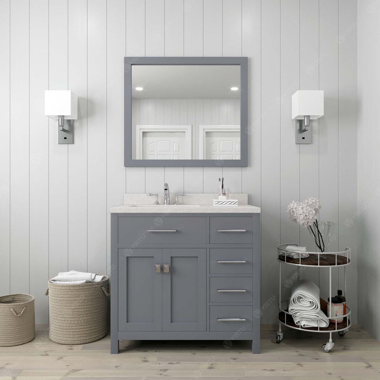 Virtu USA Caroline Parkway 36" Single Bath Vanity with Dazzle White Quartz Top and Round Sink with Matching Mirror