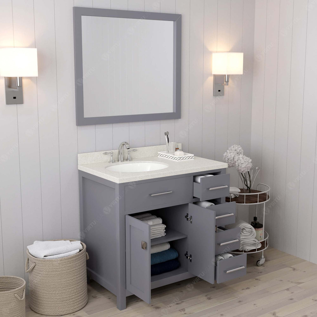 Virtu USA Caroline Parkway 36" Single Bath Vanity with Dazzle White Quartz Top and Round Sink with Matching Mirror