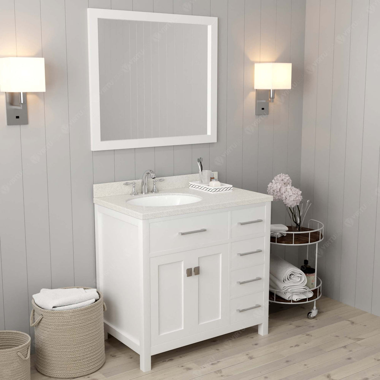 Virtu USA Caroline Parkway 36" Single Bath Vanity with Dazzle White Quartz Top and Round Sink with Brushed Nickel Faucet with Matching Mirror