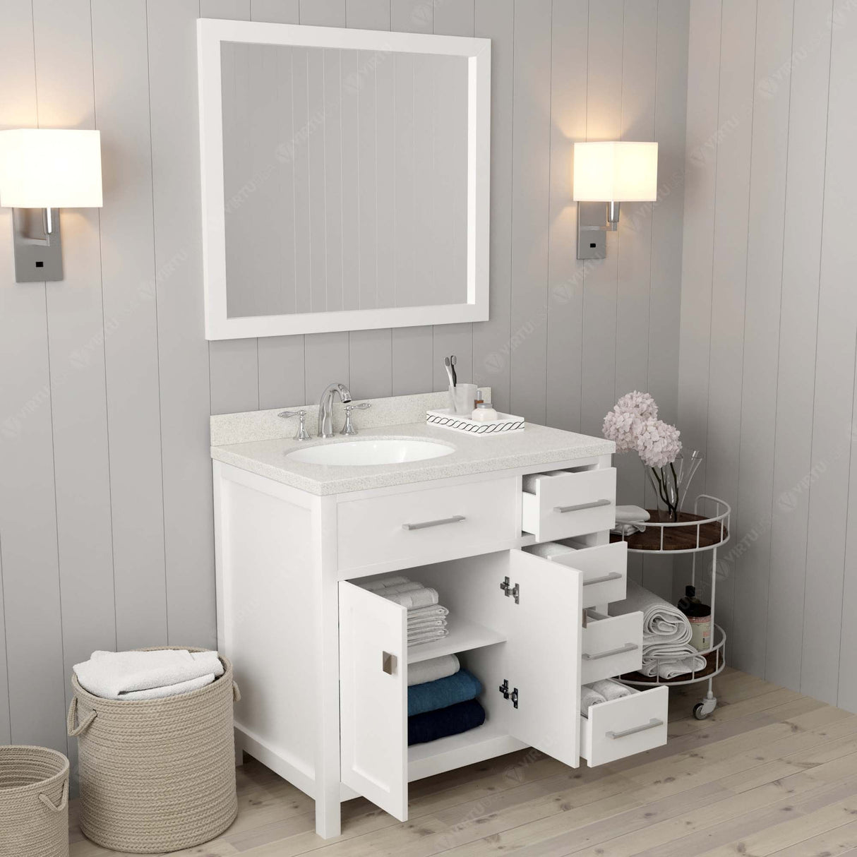 Virtu USA Caroline Parkway 36" Single Bath Vanity with Dazzle White Quartz Top and Round Sink with Matching Mirror