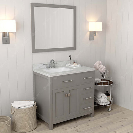 Virtu USA Caroline Parkway 36" Single Bath Vanity with Dazzle White Quartz Countertop and Square Sink with Brushed Nickel Faucet with Matching Mirror