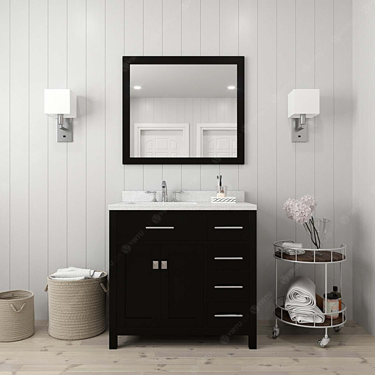 Virtu USA Caroline Parkway 36" Single Bath Vanity with Dazzle White Quartz Countertop and Square Sink with Brushed Nickel Faucet with Matching Mirror