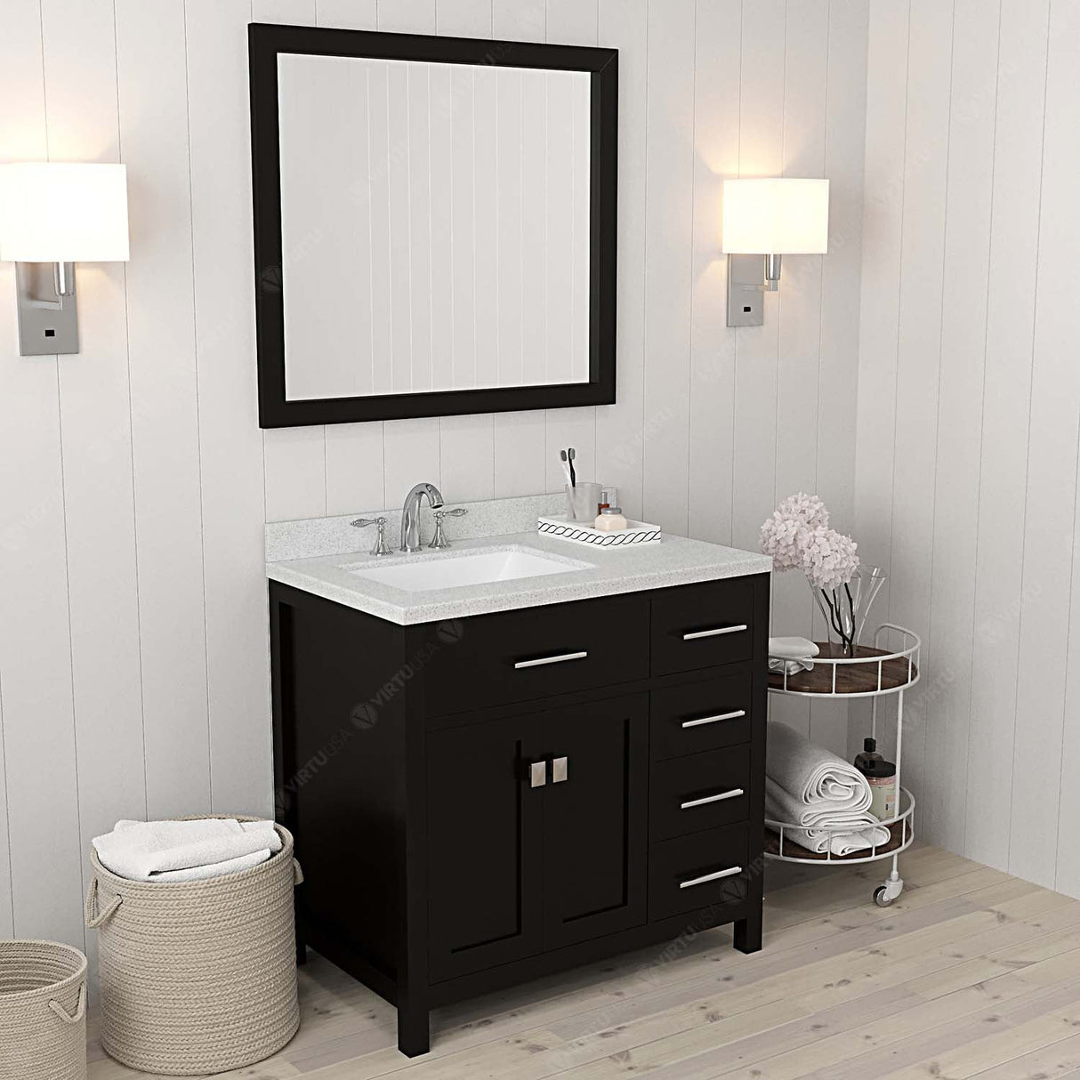 Virtu USA Caroline Parkway 36" Single Bath Vanity with Dazzle White Quartz Countertop and Square Sink with Brushed Nickel Faucet with Matching Mirror