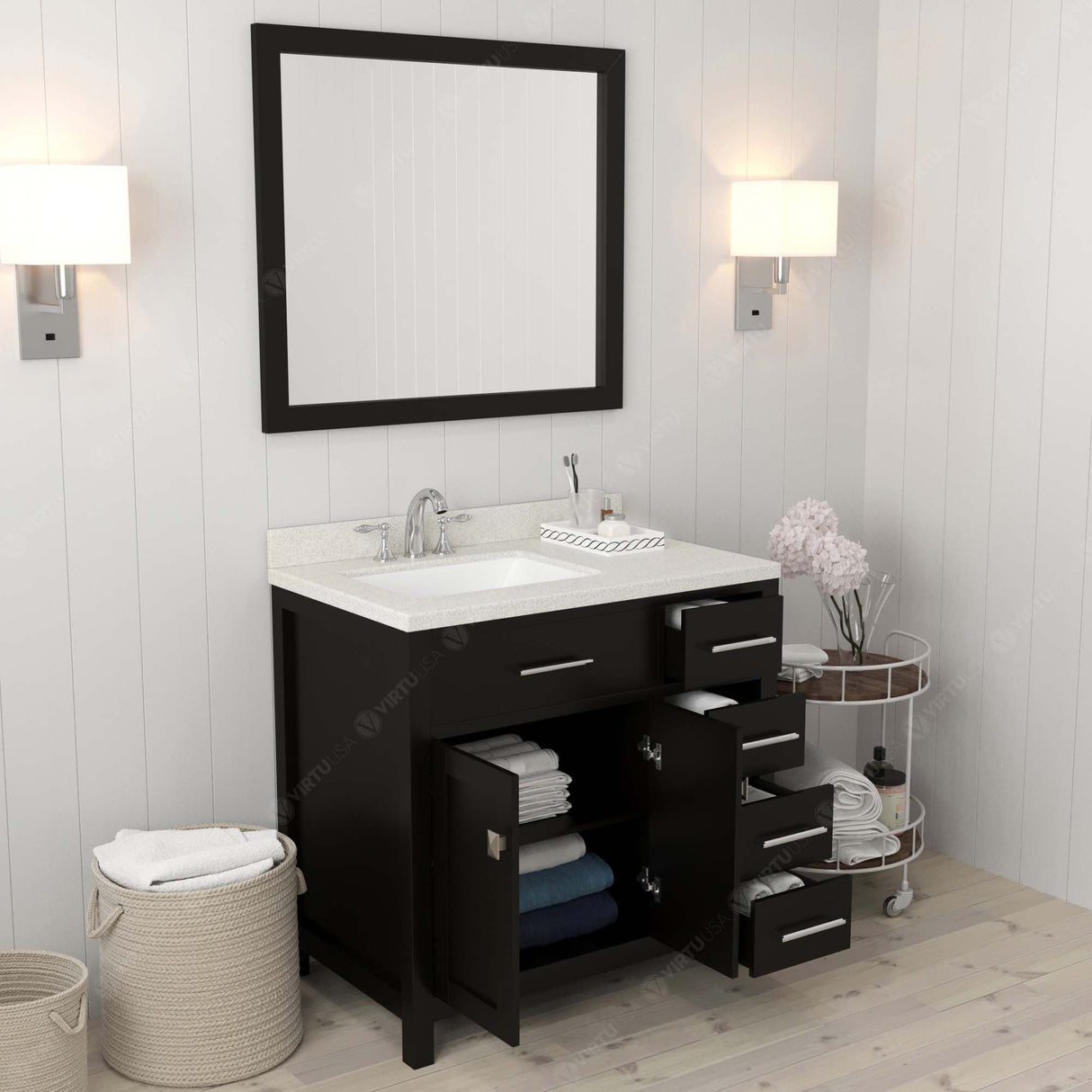 Virtu USA Caroline Parkway 36" Single Bath Vanity with Dazzle White Quartz Top and Square Sink with Matching Mirror