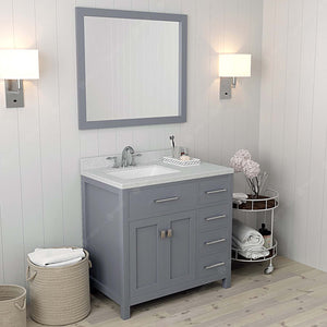 Virtu USA Caroline Parkway 36" Single Bath Vanity with Dazzle White Quartz Countertop and Square Sink with Brushed Nickel Faucet with Matching Mirror