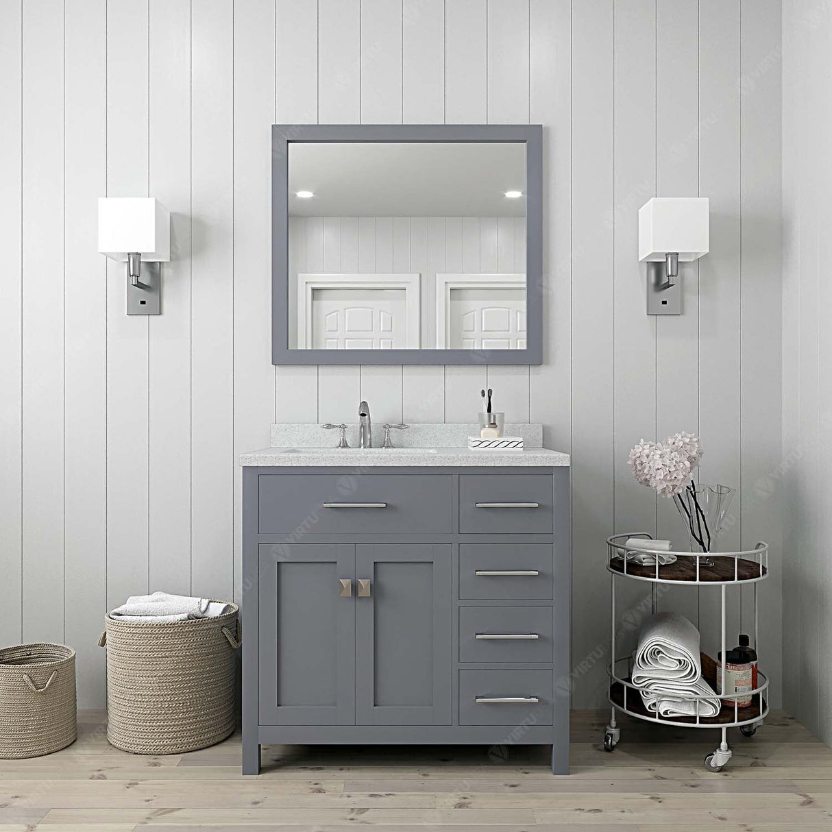 Virtu USA Caroline Parkway 36" Single Bath Vanity with Dazzle White Quartz Countertop and Square Sink with Polished Chrome Faucet with Matching Mirror