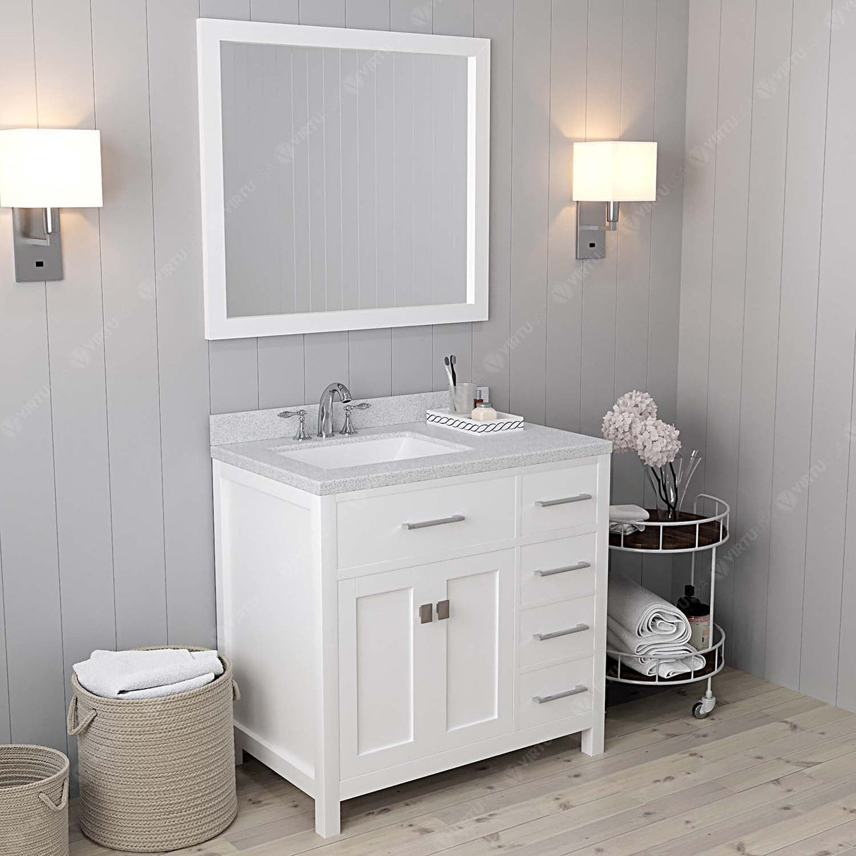 Virtu USA Caroline Parkway 36" Single Bath Vanity with Dazzle White Quartz Countertop and Square Sink with Brushed Nickel Faucet with Matching Mirror