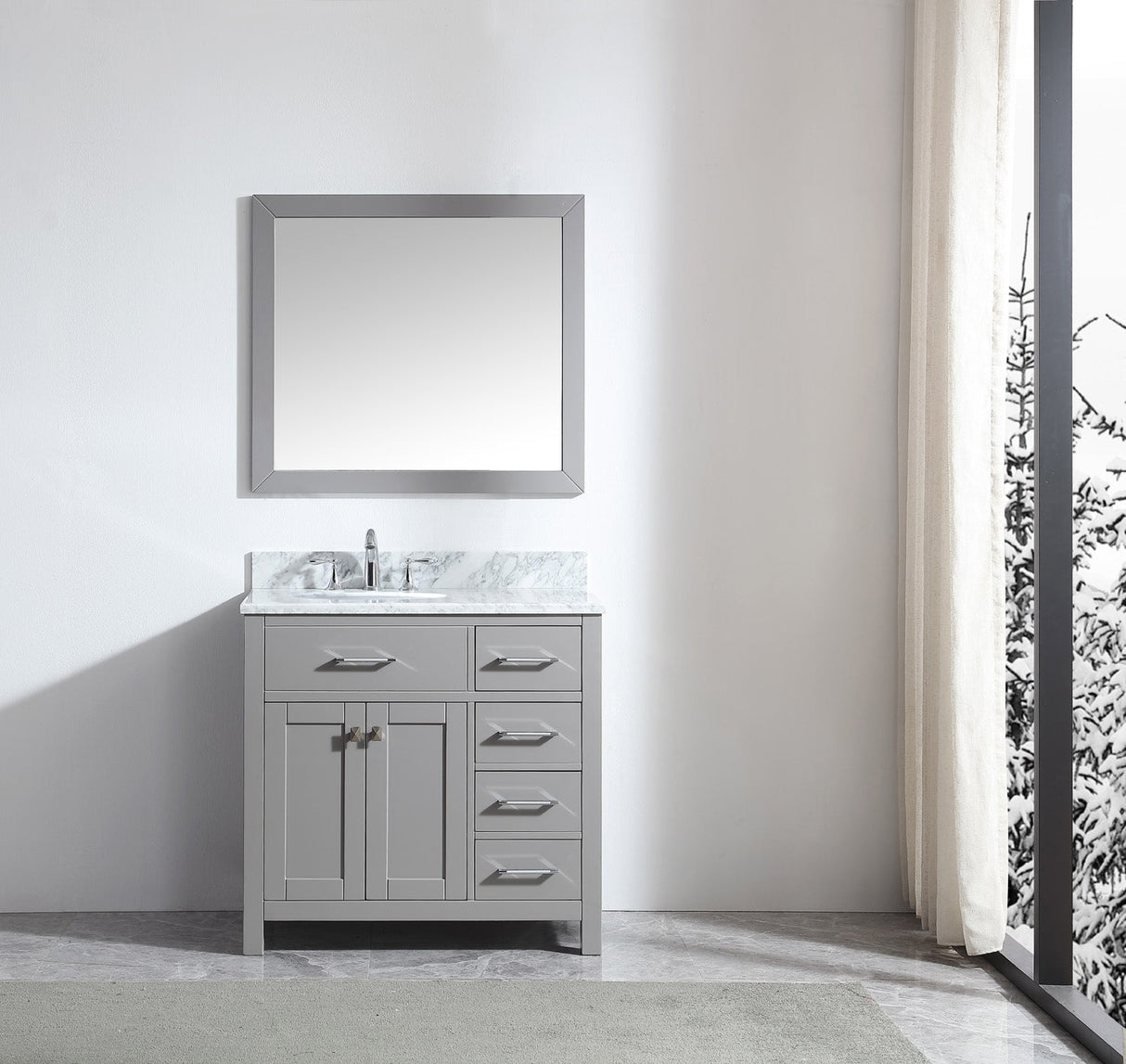 Virtu USA Caroline Parkway 36" Single Bath Vanity with Italian White Marble Top and Round Sink with Matching Mirror