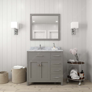 Virtu USA Caroline Parkway 36" Single Bath Vanity with Italian White Marble Top and Round Sink with Brushed Nickel Faucet with Matching Mirror