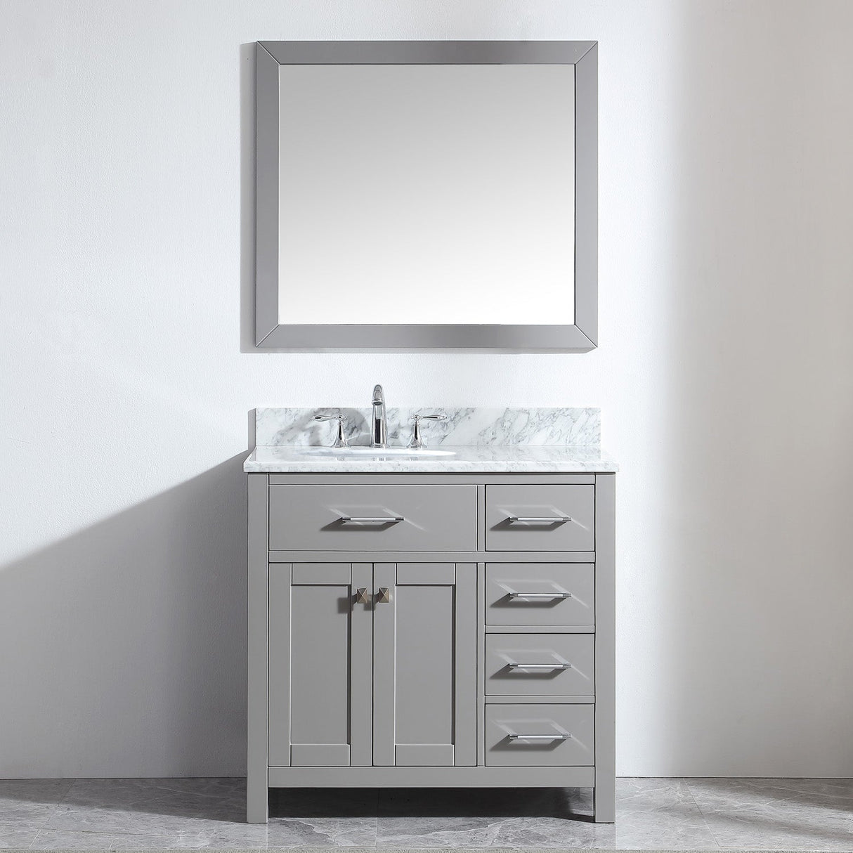 Virtu USA Caroline Parkway 36" Single Bath Vanity with Italian White Marble Top and Round Sink with Brushed Nickel Faucet with Matching Mirror