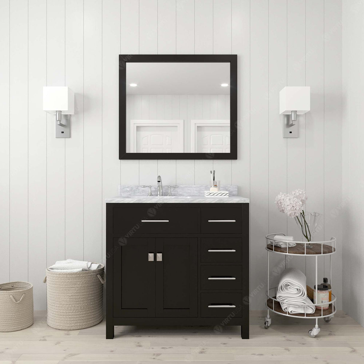 Virtu USA Caroline Parkway 36" Single Bath Vanity with Italian White Marble Top and Round Sink with Matching Mirror