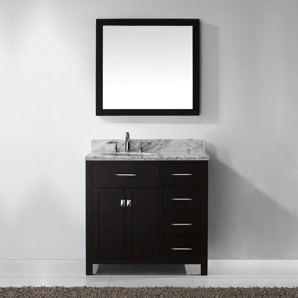 Virtu USA Caroline Parkway 36" Single Bath Vanity with Italian White Marble Top and Round Sink with Matching Mirror