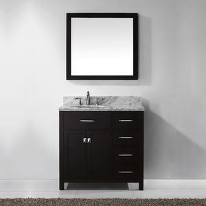 Virtu USA Caroline Parkway 36" Single Bath Vanity with Italian White Marble Top and Round Sink with Brushed Nickel Faucet with Matching Mirror