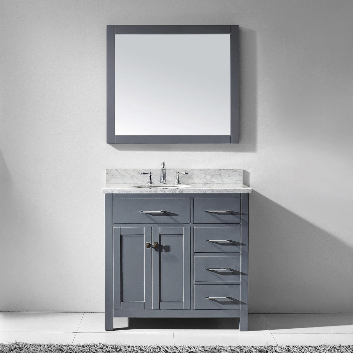 Virtu USA Caroline Parkway 36" Single Bath Vanity with Italian White Marble Top and Round Sink with Matching Mirror