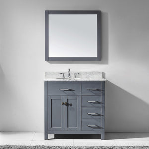 Virtu USA Caroline Parkway 36" Single Bath Vanity with Italian White Marble Top and Round Sink with Polished Chrome Faucet with Matching Mirror