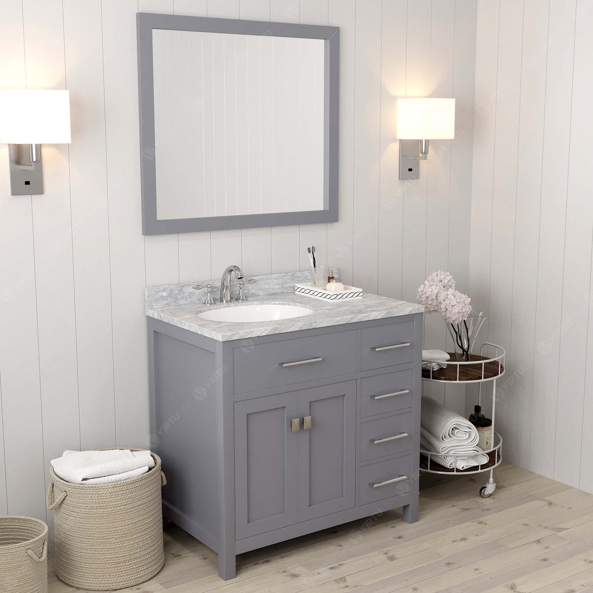 Virtu USA Caroline Parkway 36" Single Bath Vanity with Italian White Marble Top and Round Sink with Matching Mirror