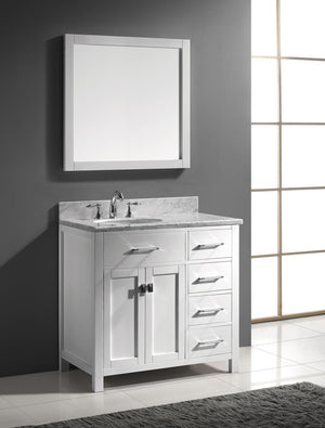 Virtu USA Caroline Parkway 36" Single Bath Vanity with Italian White Marble Top and Round Sink with Polished Chrome Faucet with Matching Mirror