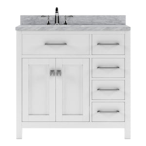 Virtu USA Caroline Parkway 36" Single Bath Vanity with Italian White Marble Top and Round Sink with Brushed Nickel Faucet with Matching Mirror