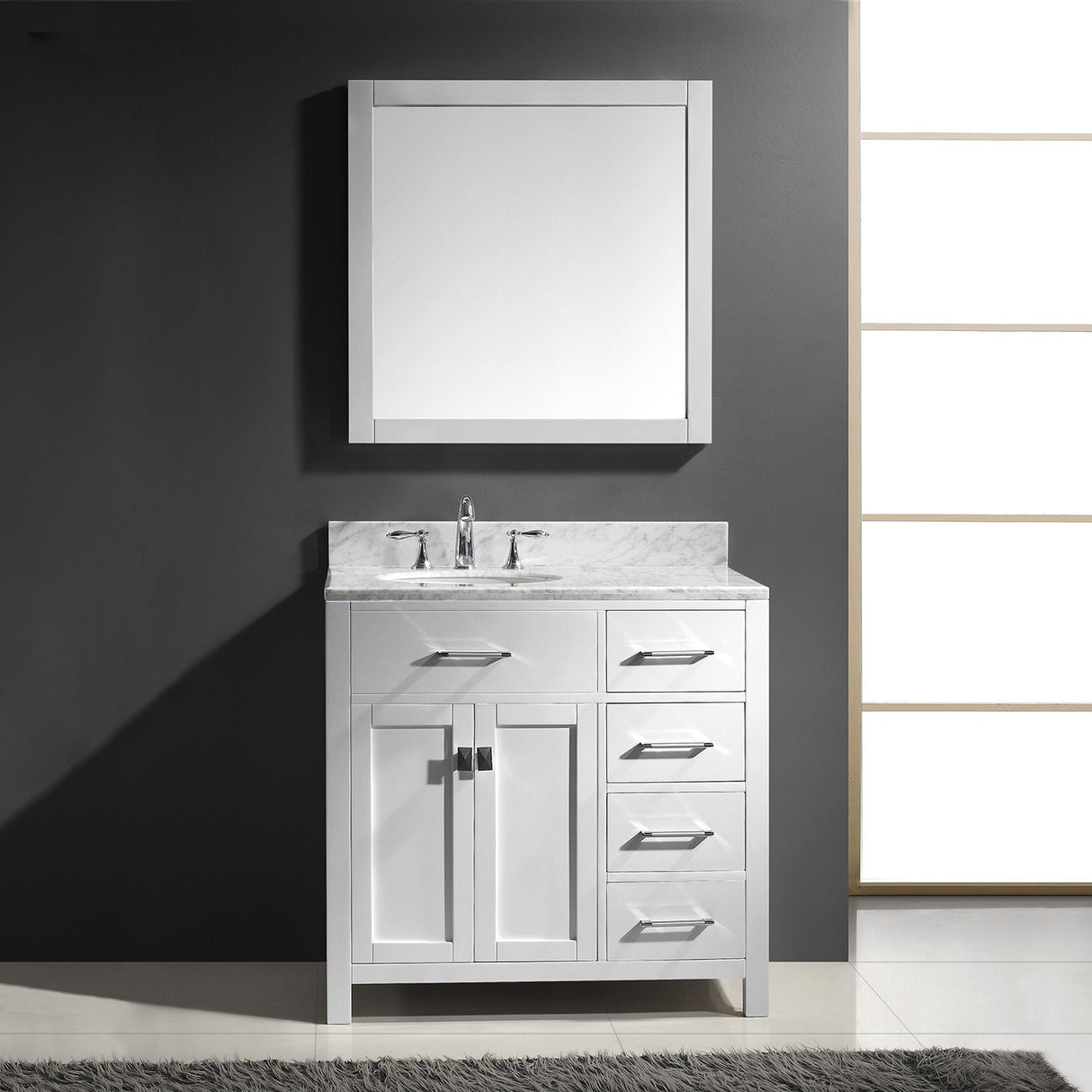 Virtu USA Caroline Parkway 36" Single Bath Vanity with Italian White Marble Top and Round Sink with Matching Mirror