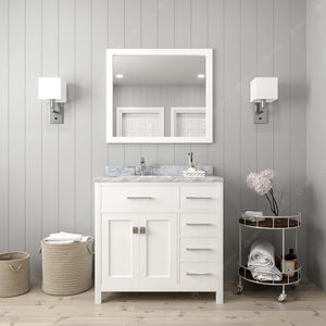 Virtu USA Caroline Parkway 36" Single Bath Vanity with Italian White Marble Top and Round Sink with Brushed Nickel Faucet with Matching Mirror