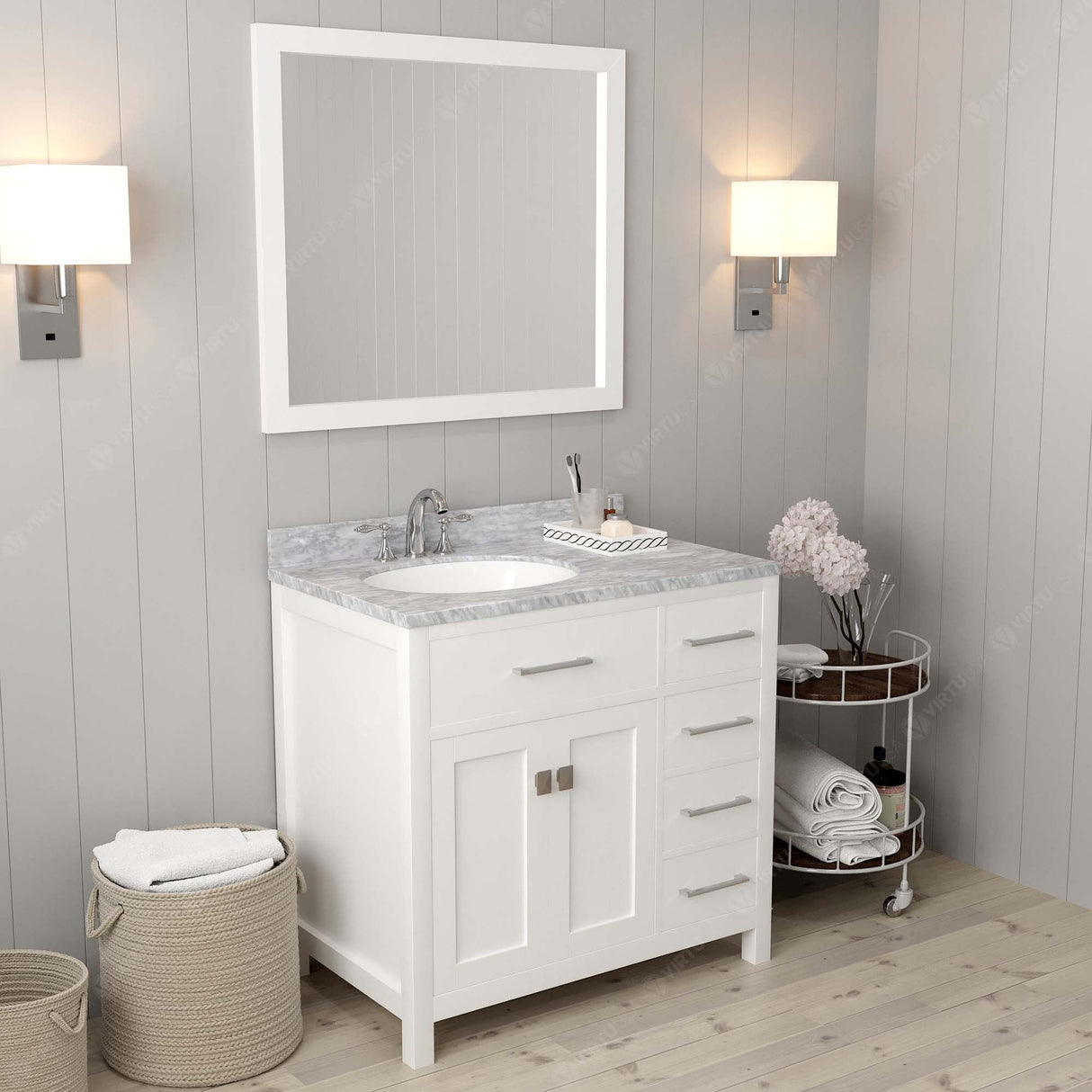 Virtu USA Caroline Parkway 36" Single Bath Vanity with Italian White Marble Top and Round Sink with Matching Mirror