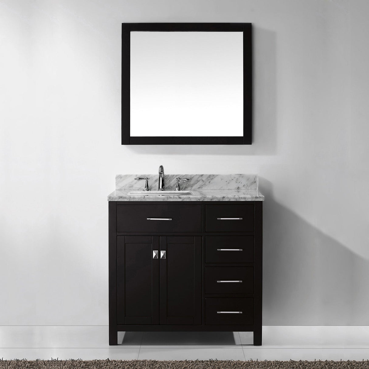 Virtu USA Caroline Parkway 36" Single Bath Vanity with Italian White Marble Top and Square Sink with Polished Chrome Faucet with Matching Mirror