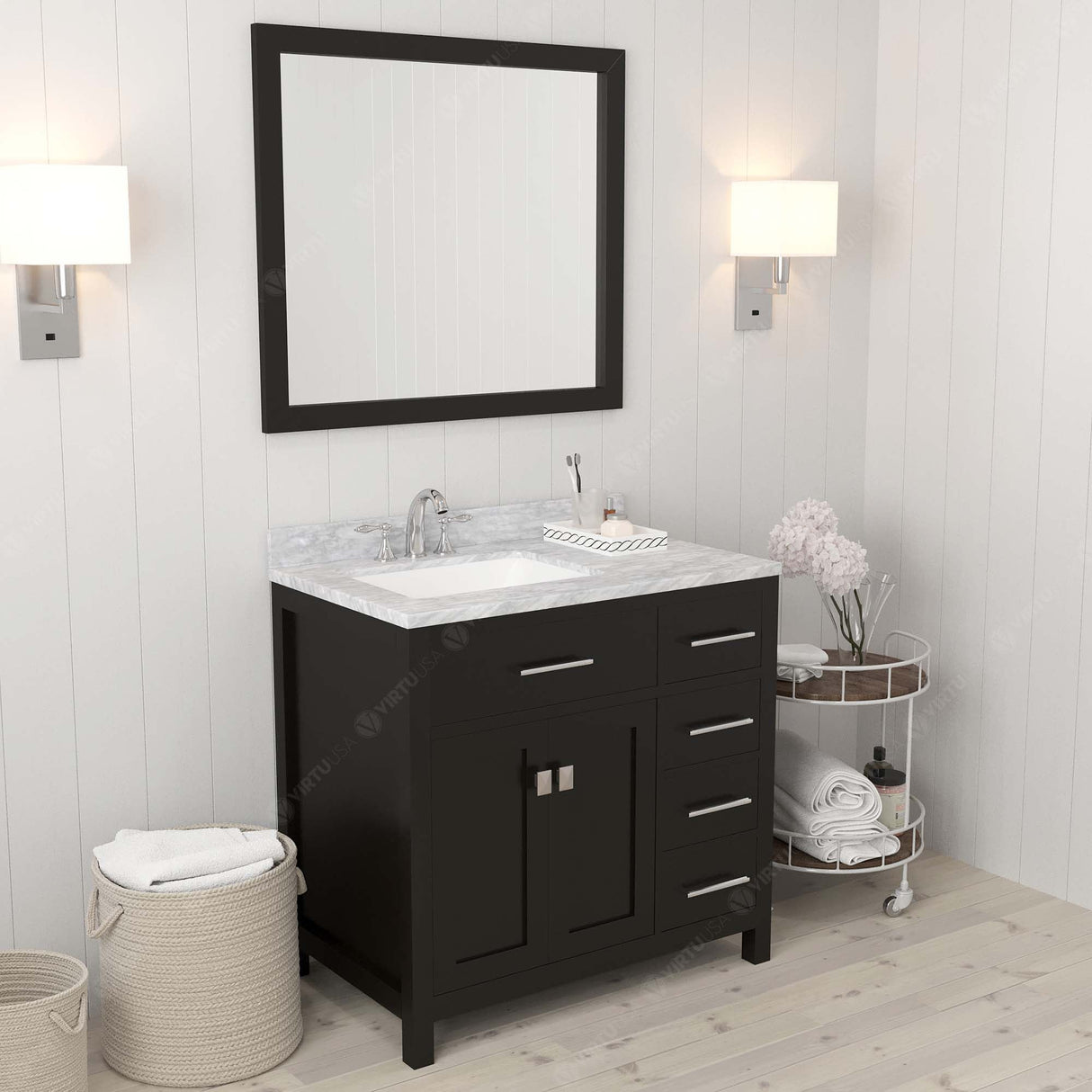 Virtu USA Caroline Parkway 36" Single Bath Vanity with Italian White Marble Top and Square Sink with Brushed Nickel Faucet with Matching Mirror