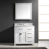 Virtu USA Caroline Parkway 36" Single Bath Vanity with Italian White Marble Top and Square Sink with Polished Chrome Faucet with Matching Mirror