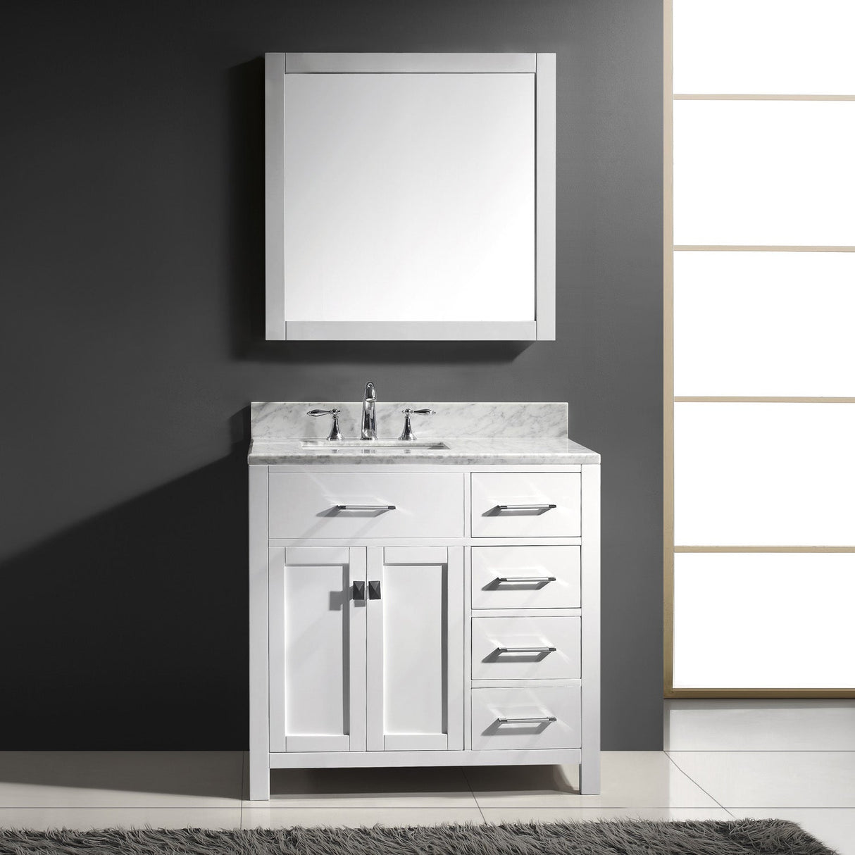 Virtu USA Caroline Parkway 36" Single Bath Vanity with Italian White Marble Top and Square Sink with Brushed Nickel Faucet with Matching Mirror